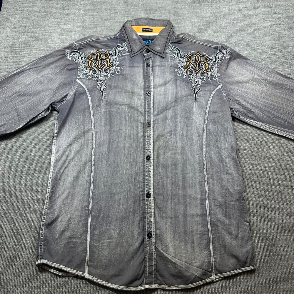 Roar Signature Button Down Shirt Mens L Grey Acid Wash Tribal Y2K Edgy